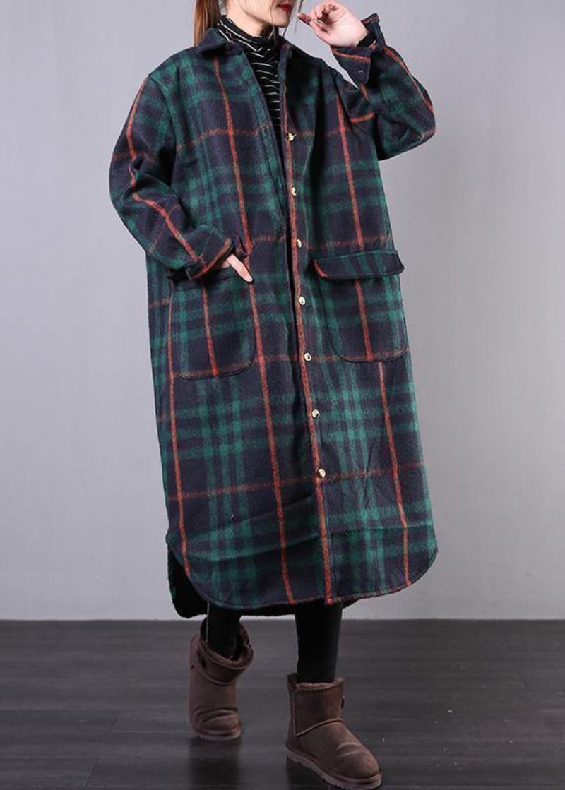 Kvinder Grøn Plaid Uld Overfrakke Plus Size Tøj Vinterfrakke Revers Lommer Frakker - Dame trenchcoats