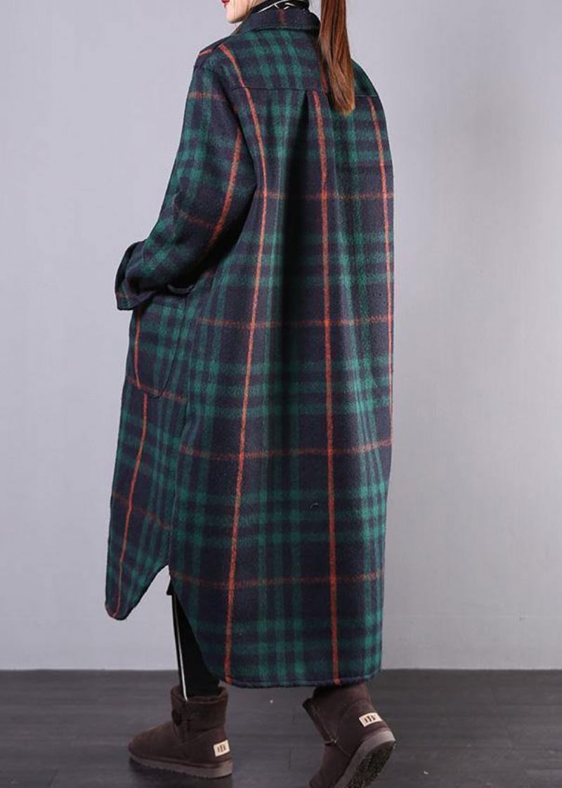 Kvinder Grøn Plaid Uld Overfrakke Plus Size Tøj Vinterfrakke Revers Lommer Frakker - Dame trenchcoats