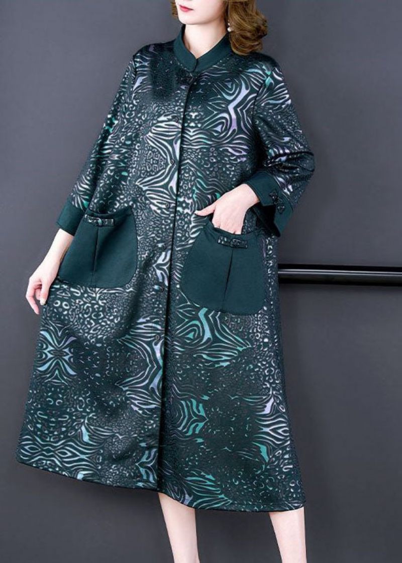 Kvinder Grøn Stand Krave Lommer Print Silk Trench Spring - Dame trenchcoats