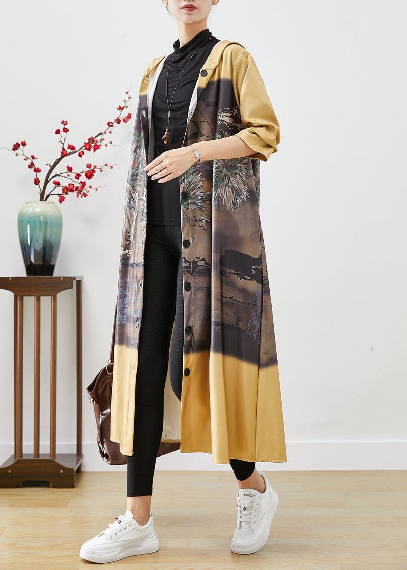 Kvinder Gul Hooded Print Bomuld Trench Coats Fall - Dame trenchcoats