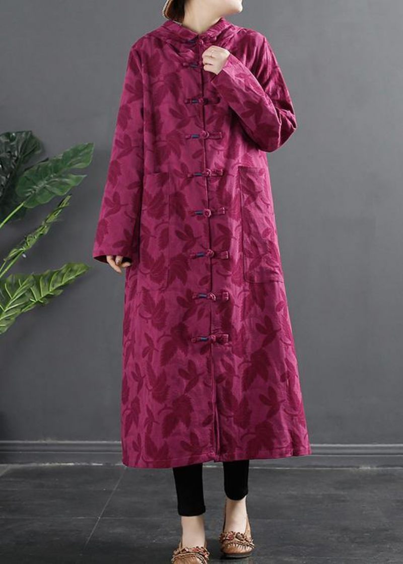 Kvinder Hooded Chinese Button Rose Jacquard Robes Kjole