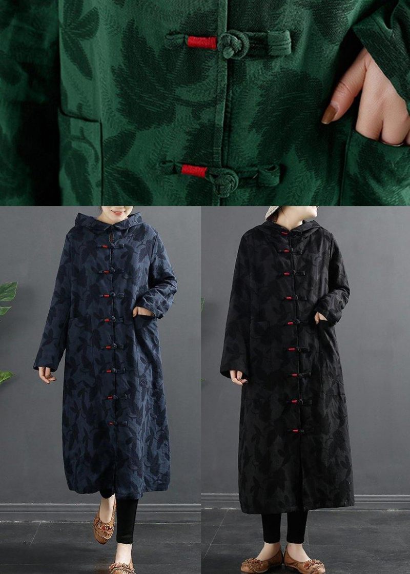 Kvinder Hooded Chinese Button Rose Jacquard Robes Kjole - Grøn