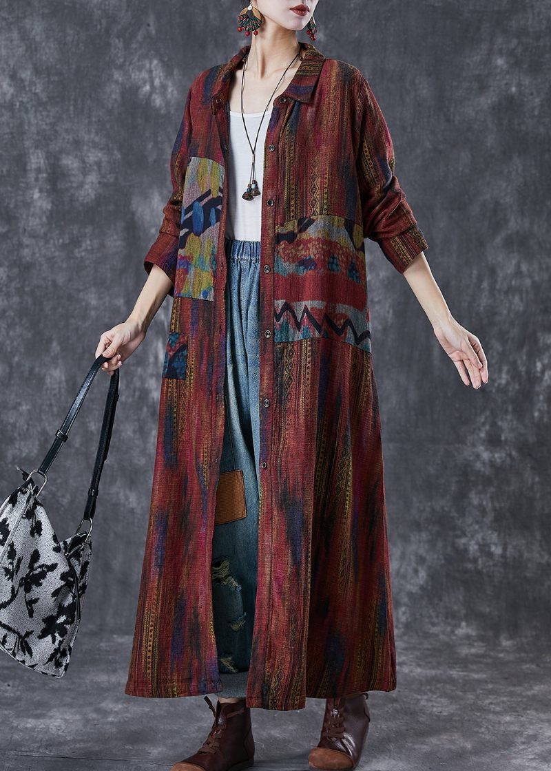 Kvinder Kedelig Rød Oversized Print Linen Trench Spring