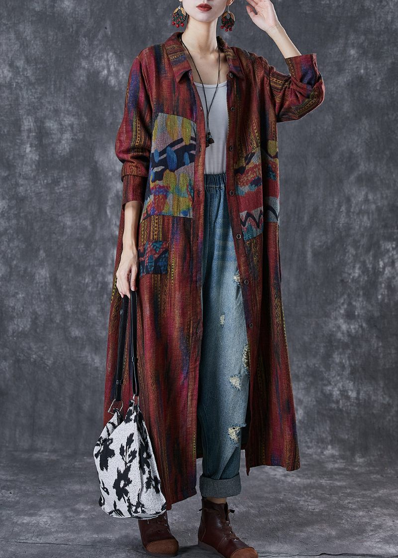 Kvinder Kedelig Rød Oversized Print Linen Trench Spring - Dame trenchcoats