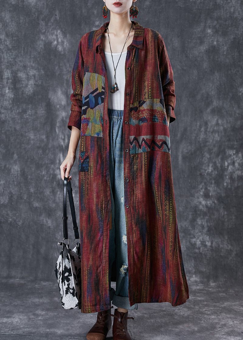 Kvinder Kedelig Rød Oversized Print Linen Trench Spring - Dame trenchcoats