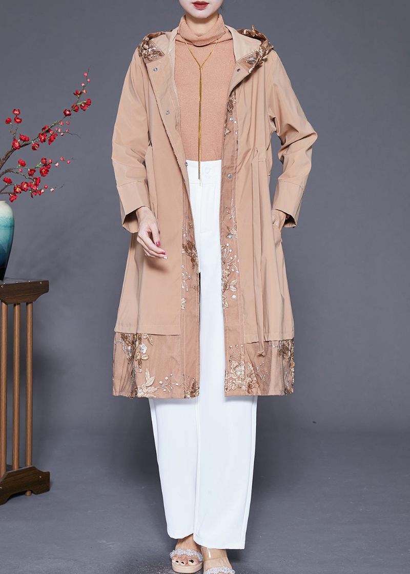 Kvinder Khaki Broderet Patchwork Cinched Spandex Trench Fall