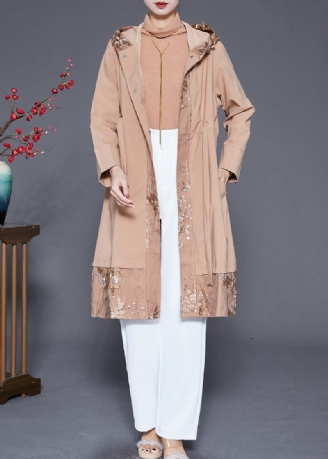 Kvinder Khaki Broderet Patchwork Cinched Spandex Trench Fall