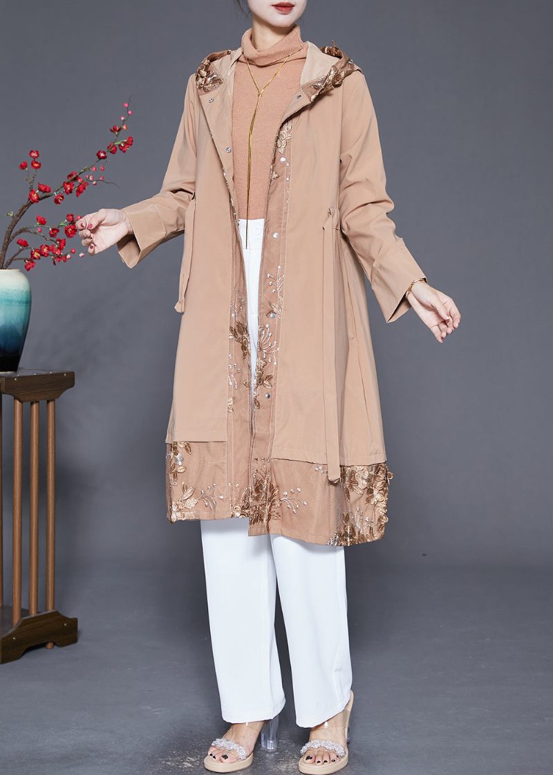 Kvinder Khaki Broderet Patchwork Cinched Spandex Trench Fall - Dame trenchcoats