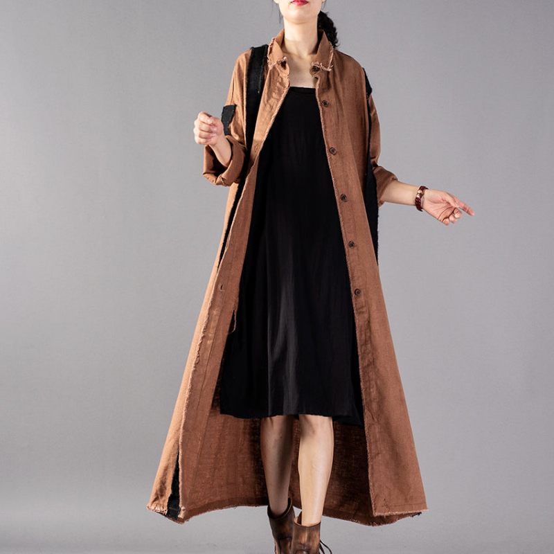 Kvinder Khaki Lang Frakke Løstsiddende Patchworklommer Outwear Ny Turn-down Collar Lange Frakker - Dame trenchcoats