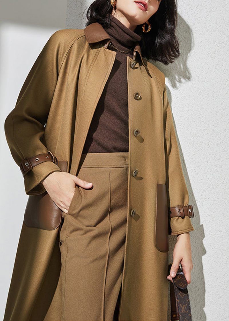 Kvinder Khaki Peter Pan Krave Lommer Patchwork Knap Uld Trench Coat Spring - Dame trenchcoats