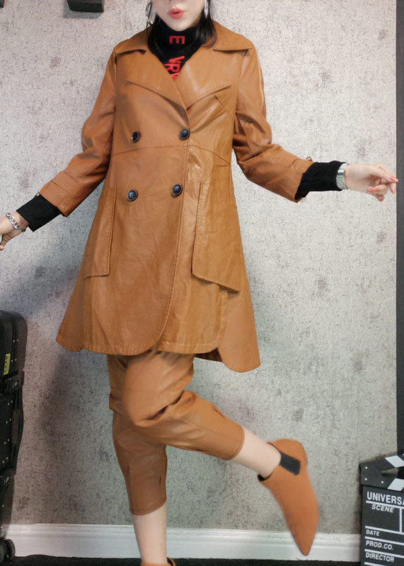 Kvinder Khaki Peter Pan Krave Lommer Patchwork Kunstlæder Trench Fall - Dame trenchcoats