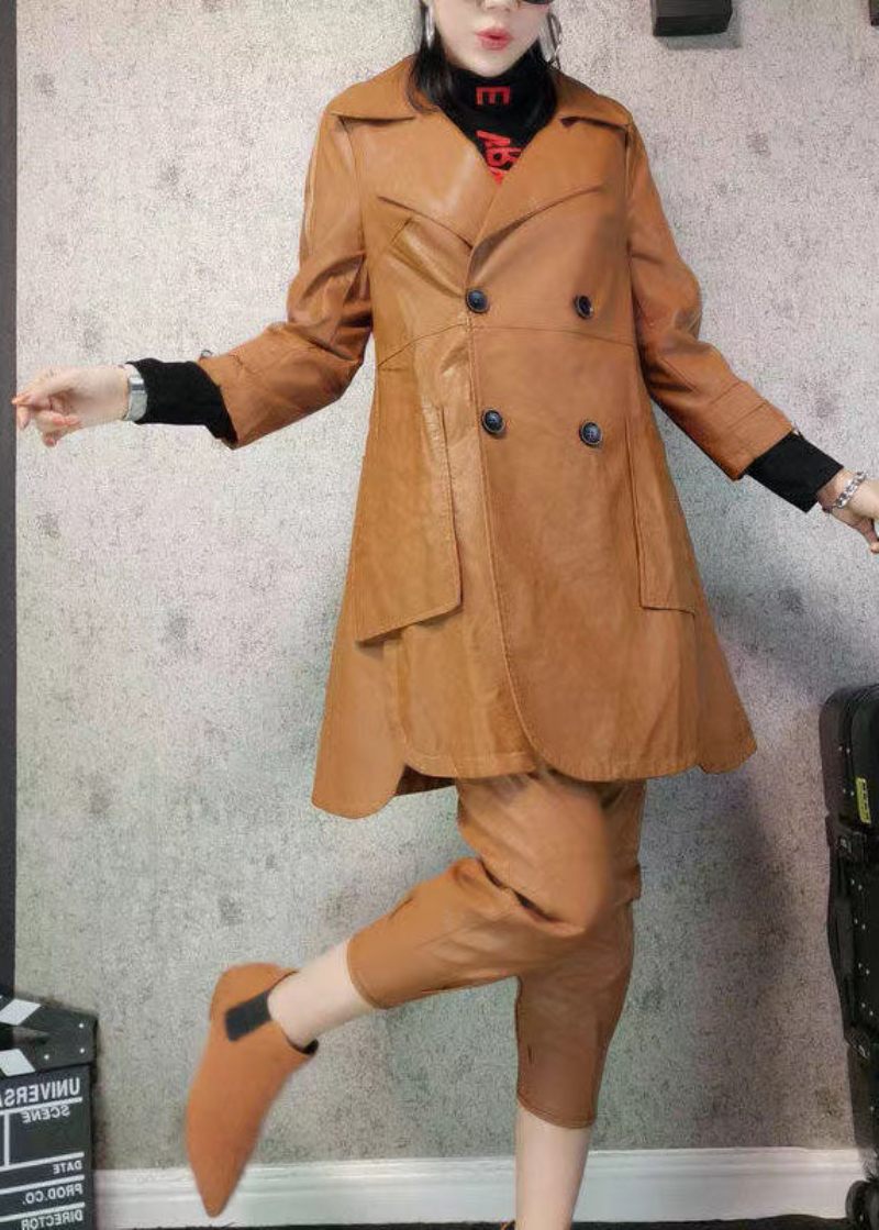 Kvinder Khaki Peter Pan Krave Lommer Patchwork Kunstlæder Trench Fall - Dame trenchcoats