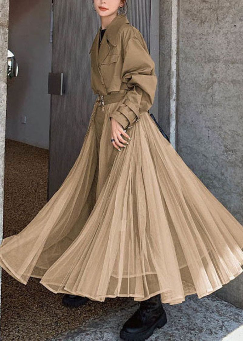 Kvinder Khaki Peter Pan Krave Tulle Patchwork Bomuld Trench Langærmet