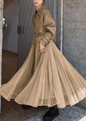 Kvinder Khaki Peter Pan Krave Tulle Patchwork Bomuld Trench Langærmet