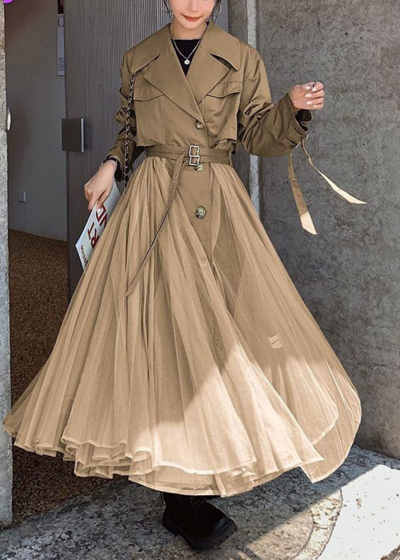 Kvinder Khaki Peter Pan Krave Tulle Patchwork Bomuld Trench Langærmet - Khaki