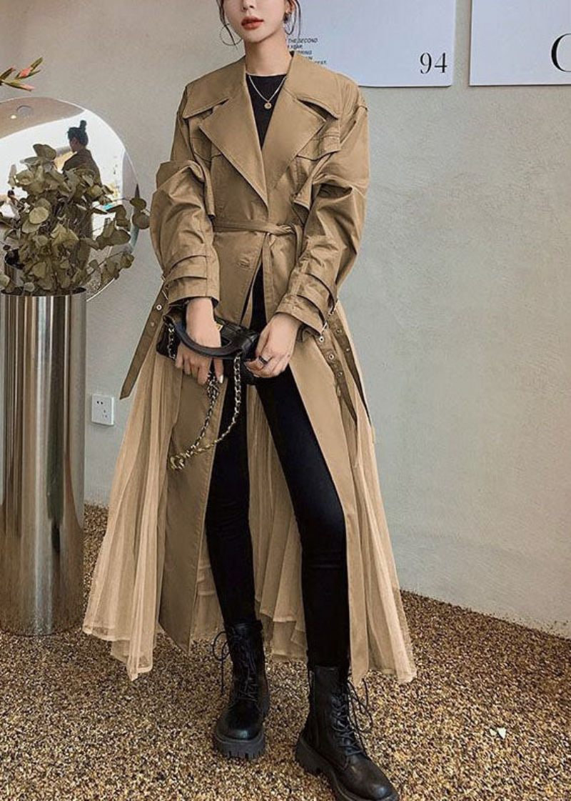 Kvinder Khaki Peter Pan Krave Tulle Patchwork Bomuld Trench Langærmet - Khaki