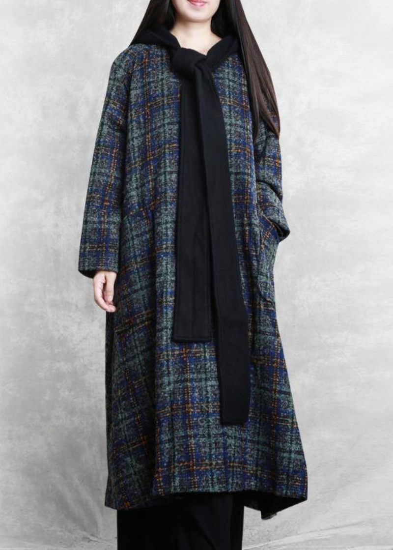 Kvinder Løstsiddende Lange Frakker Blå Plaid Hætte Patchwork Woolen Coats