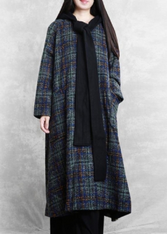 Kvinder Løstsiddende Lange Frakker Blå Plaid Hætte Patchwork Woolen Coats