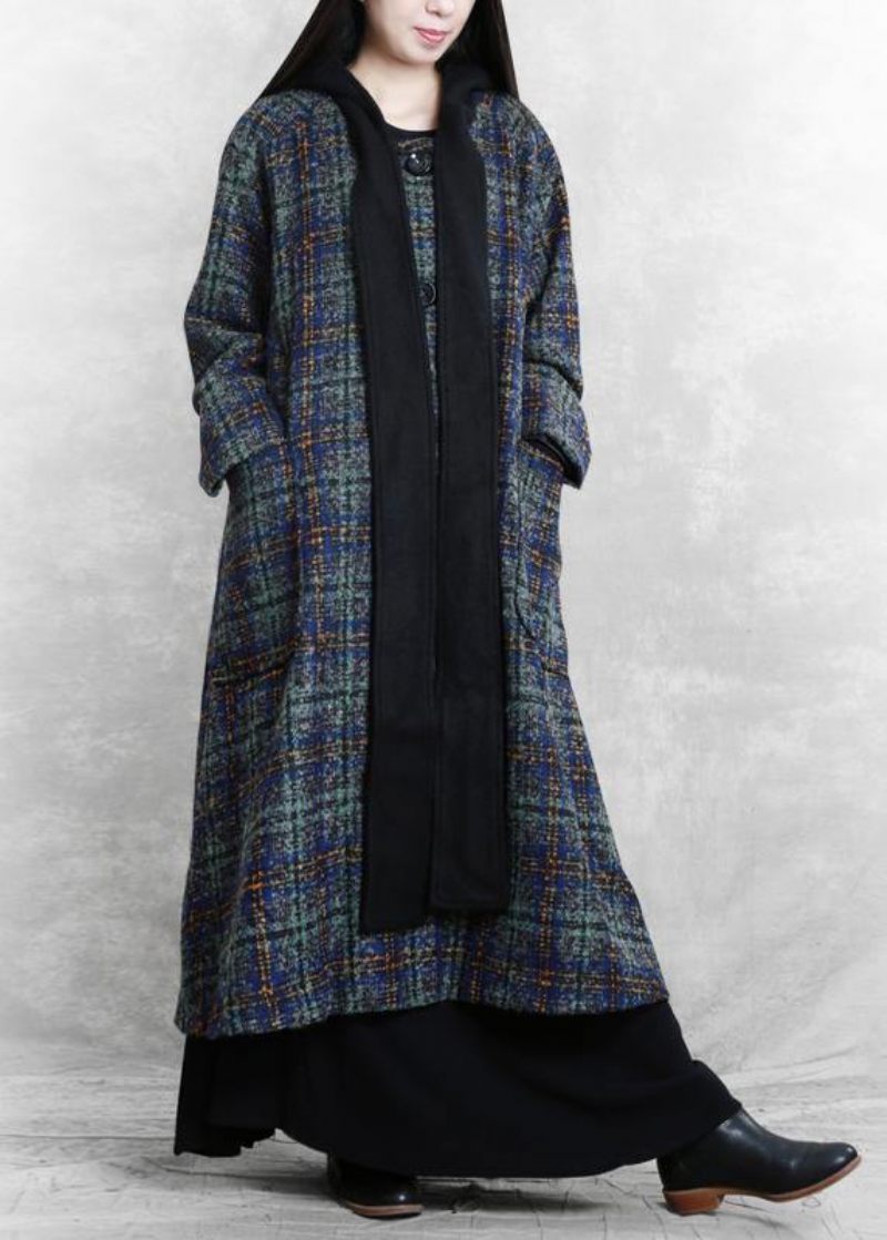 Kvinder Løstsiddende Lange Frakker Blå Plaid Hætte Patchwork Woolen Coats - Dame trenchcoats