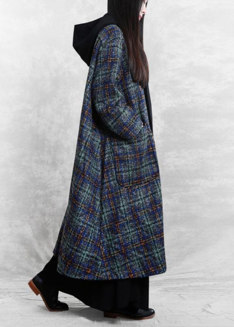 Kvinder Løstsiddende Lange Frakker Blå Plaid Hætte Patchwork Woolen Coats - Dame trenchcoats