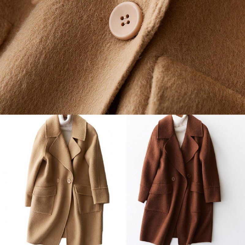 Kvinder Løstsiddende Vinterjakker Store Lommer Damefrakker Beige Uldfrakke - Dame trenchcoats