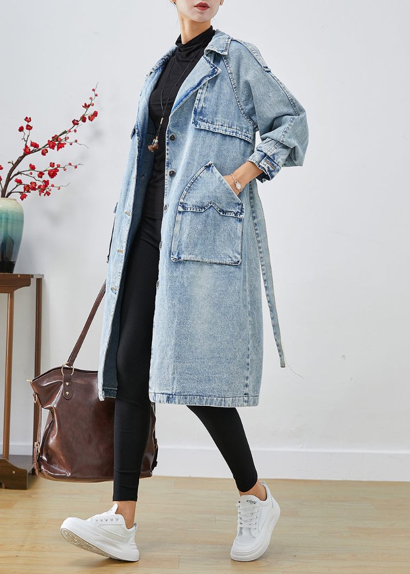 Kvinder Lyseblå Lapel Patchwork Denim Trench Coats Efterår