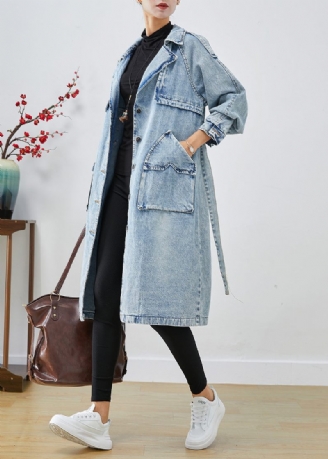 Kvinder Lyseblå Lapel Patchwork Denim Trench Coats Efterår