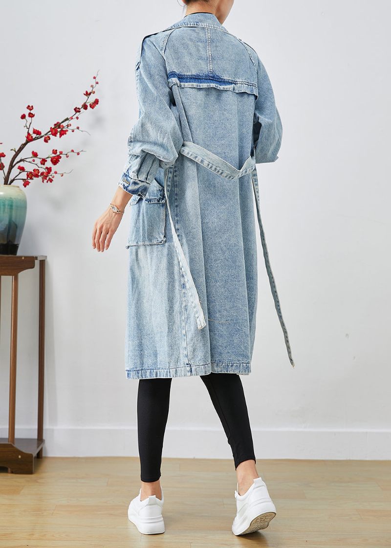 Kvinder Lyseblå Lapel Patchwork Denim Trench Coats Efterår - Dame trenchcoats