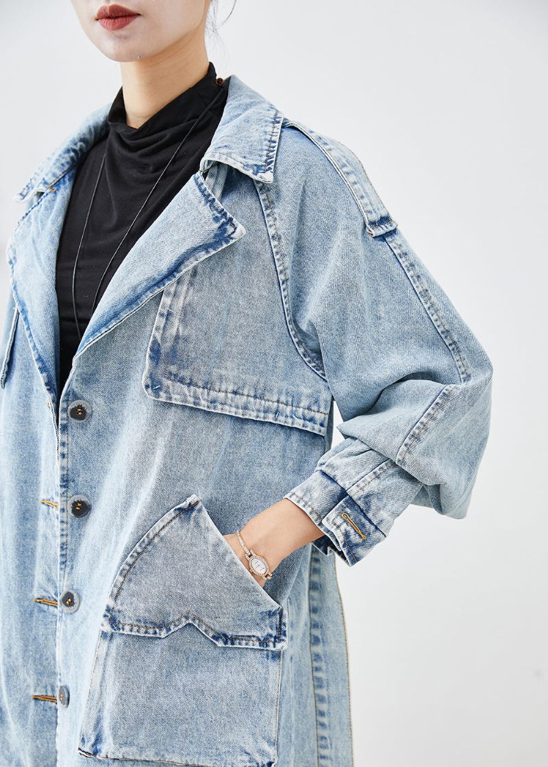 Kvinder Lyseblå Lapel Patchwork Denim Trench Coats Efterår - Dame trenchcoats