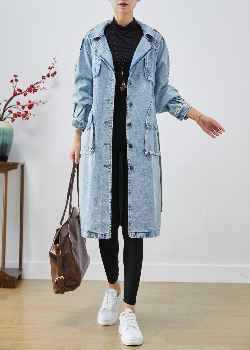 Kvinder Lyseblå Lapel Patchwork Denim Trench Coats Efterår - Dame trenchcoats