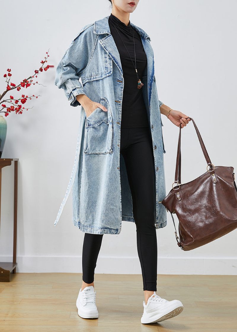 Kvinder Lyseblå Lapel Patchwork Denim Trench Coats Efterår - Dame trenchcoats