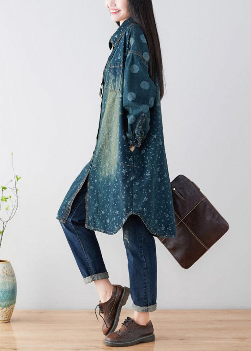 Kvinder Navy Peter Pan Krave Oversized Print Bomuld Trench Coats Spring - Dame trenchcoats