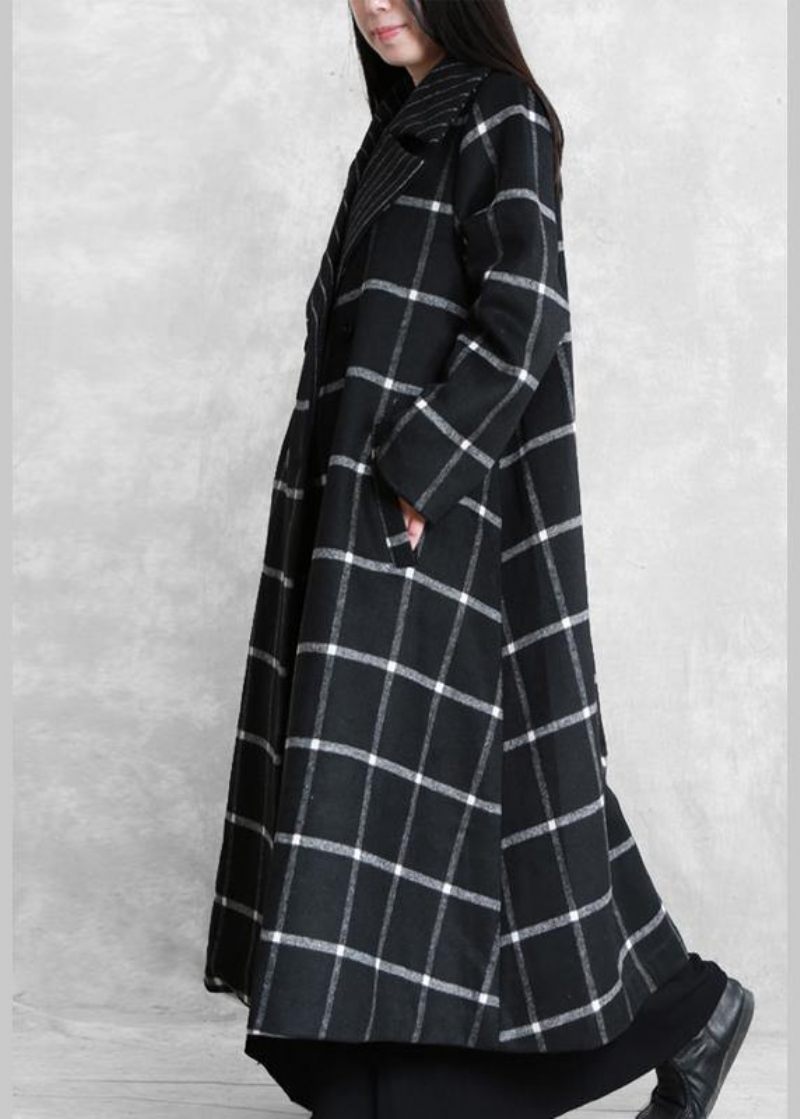 Kvinder Plus Size Lange Frakker Ulden Outwear Sort Plaid - Dame trenchcoats