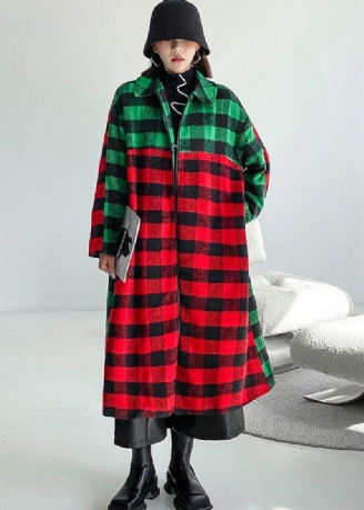 Kvinder Rød Grøn Plaid Peter Pan Krave Patchwork Uld Trench Vinter