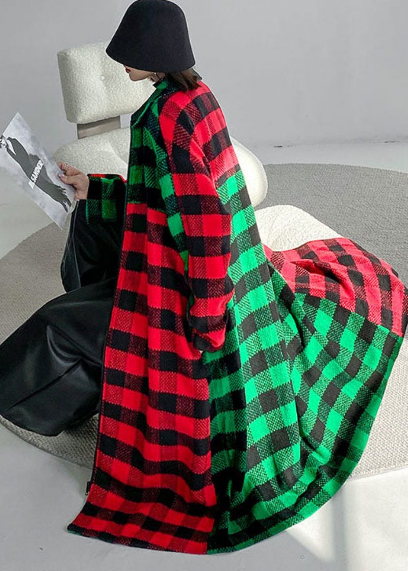 Kvinder Rød Grøn Plaid Peter Pan Krave Patchwork Uld Trench Vinter - Dame trenchcoats