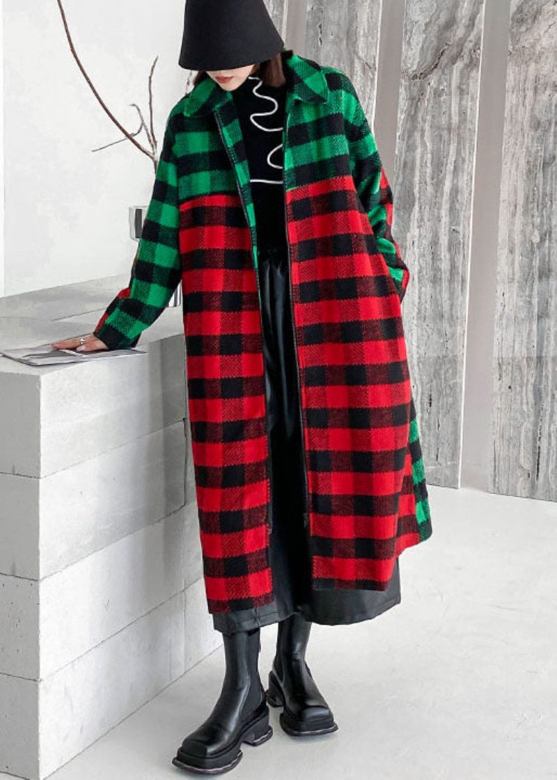 Kvinder Rød Grøn Plaid Peter Pan Krave Patchwork Uld Trench Vinter - Dame trenchcoats