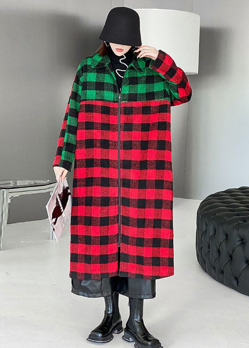 Kvinder Rød Grøn Plaid Peter Pan Krave Patchwork Uld Trench Vinter - Dame trenchcoats