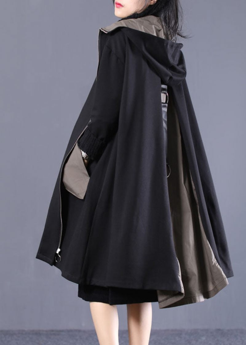 Kvinder Sort Hooded Zip Up Lommer Patchwork Bomuld Trench Coats Outwear Efterår