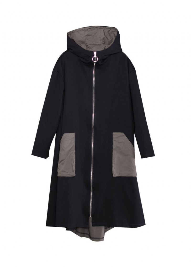 Kvinder Sort Hooded Zip Up Lommer Patchwork Bomuld Trench Coats Outwear Efterår - Dame trenchcoats