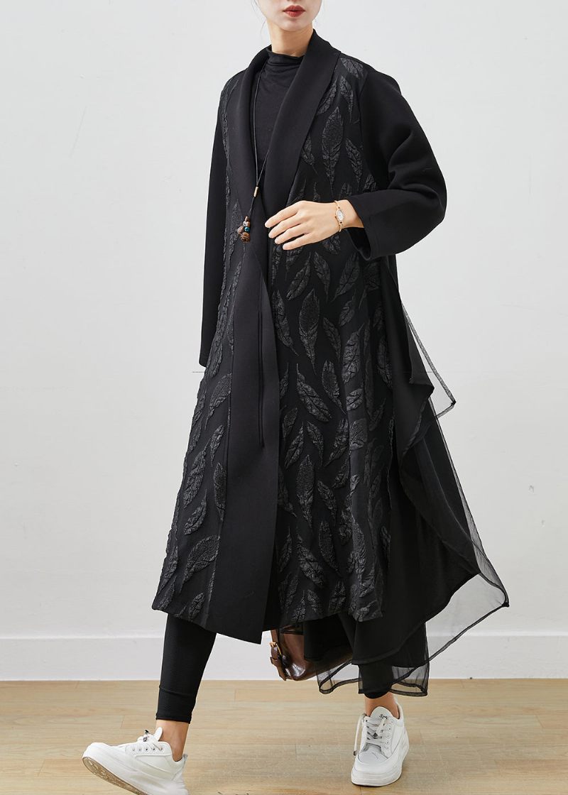 Kvinder Sort Oversized Patchwork Jacquard Bomuld Trench Coats Spring - Dame trenchcoats