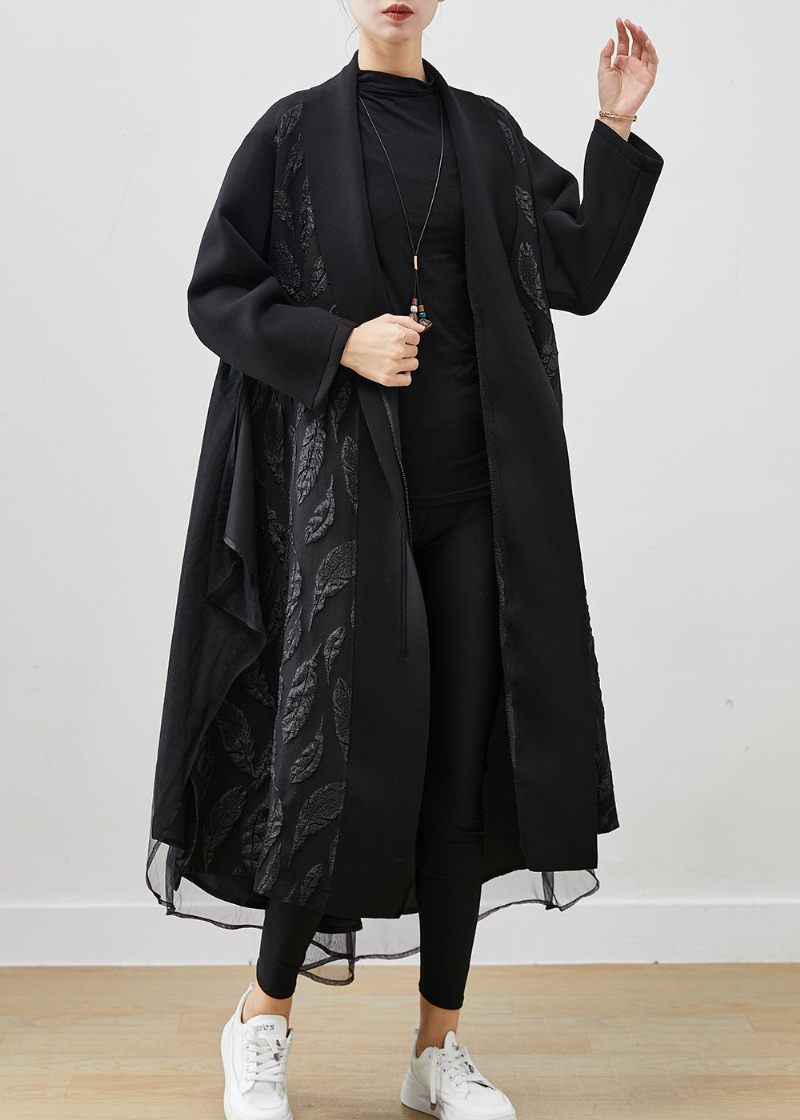 Kvinder Sort Oversized Patchwork Jacquard Bomuld Trench Coats Spring - Dame trenchcoats