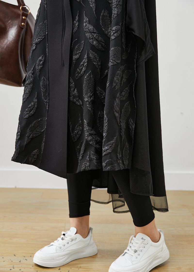 Kvinder Sort Oversized Patchwork Jacquard Bomuld Trench Coats Spring - Dame trenchcoats