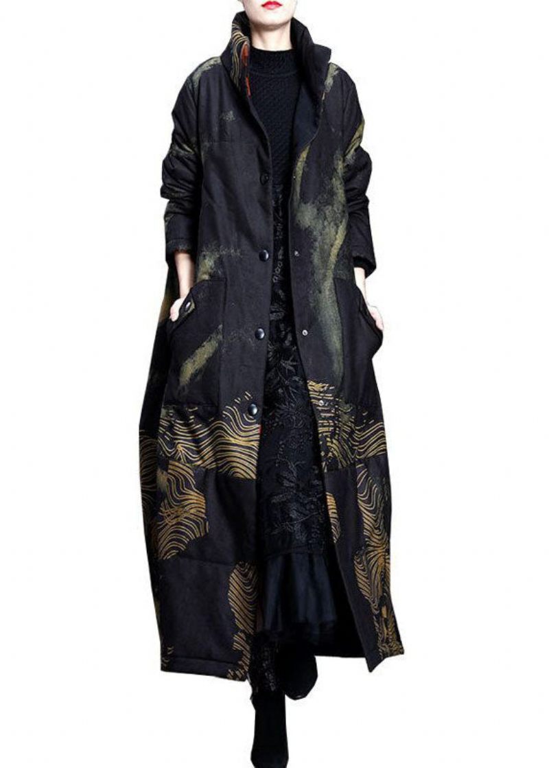 Kvinder Sort Stand Krave Lommer Print Fint Bomuld Fyldt Trenchcoat Fjeder - Dame trenchcoats