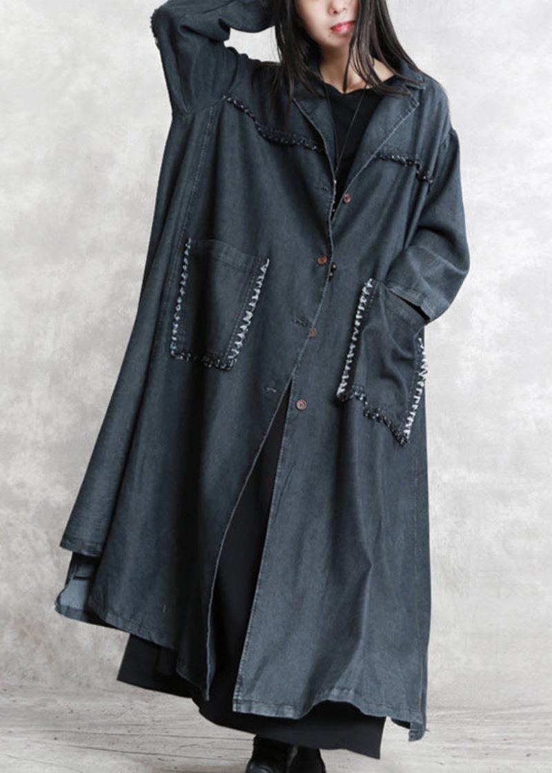 Kvinder Sort Vinterfrakke Oversize Lomme Med Hak Elegante Langærmede Denim Patchwork Lange Frakker - Dame trenchcoats