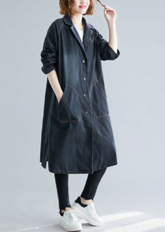 Kvinder Sorte Hakkede Lommer Denim Trench Fall