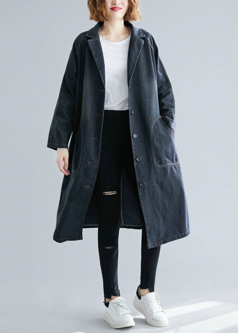 Kvinder Sorte Hakkede Lommer Denim Trench Fall - Dame trenchcoats