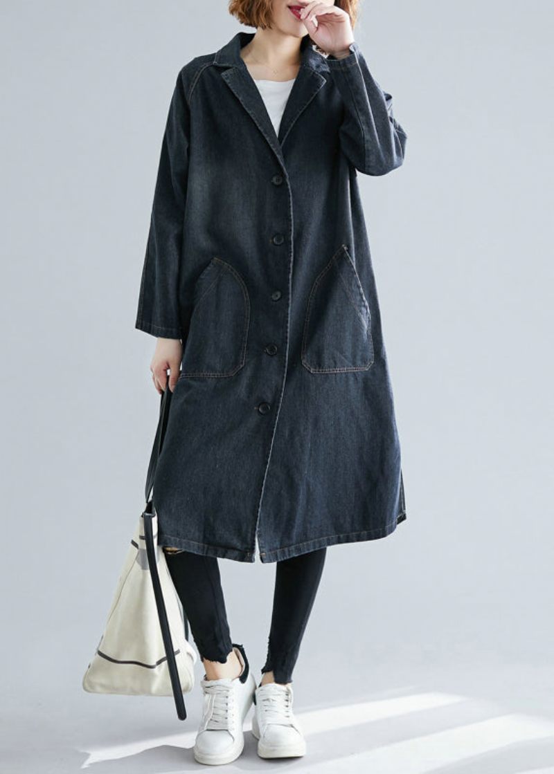 Kvinder Sorte Hakkede Lommer Denim Trench Fall - Dame trenchcoats