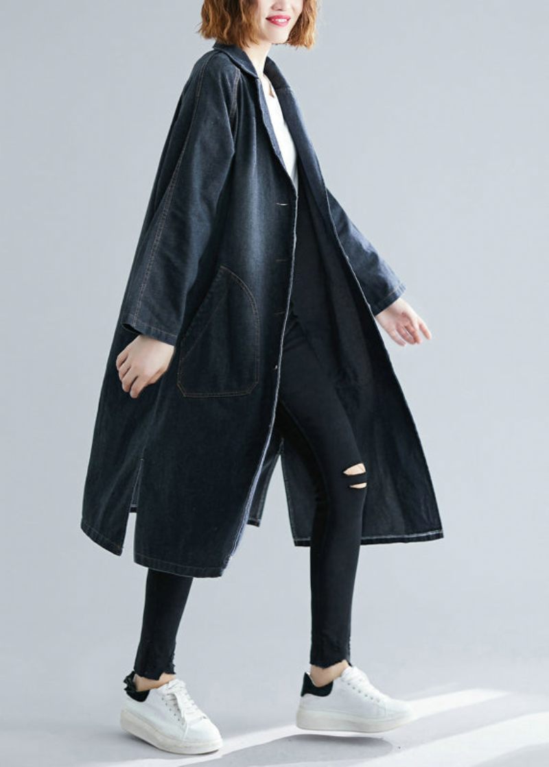 Kvinder Sorte Hakkede Lommer Denim Trench Fall - Dame trenchcoats