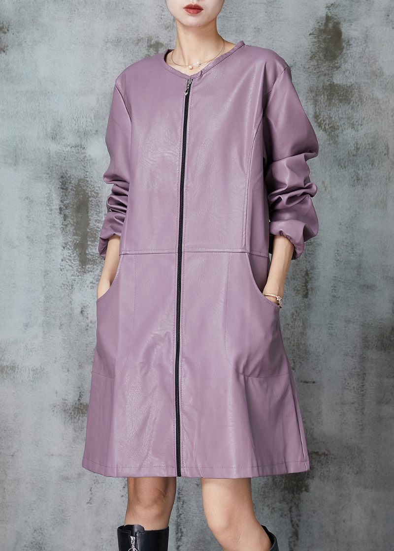 Lilla Patchwork Imiteret Læder Trench O-hals Fjeder - Dame trenchcoats