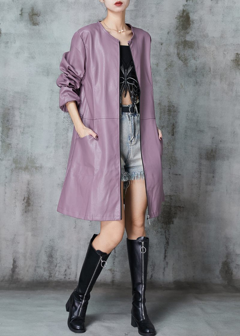 Lilla Patchwork Imiteret Læder Trench O-hals Fjeder - Dame trenchcoats